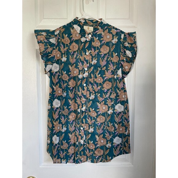 Perry Walker Collective Shirt Womens 1/Small Blue Blouse top Floral Button READ! - Picture 1 of 9